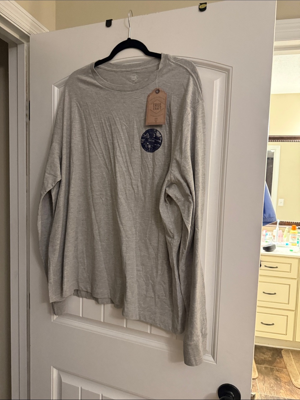 True Grit Men's Long-Sleeve Crewneck Shirt — Heather Gray with Navy Patch